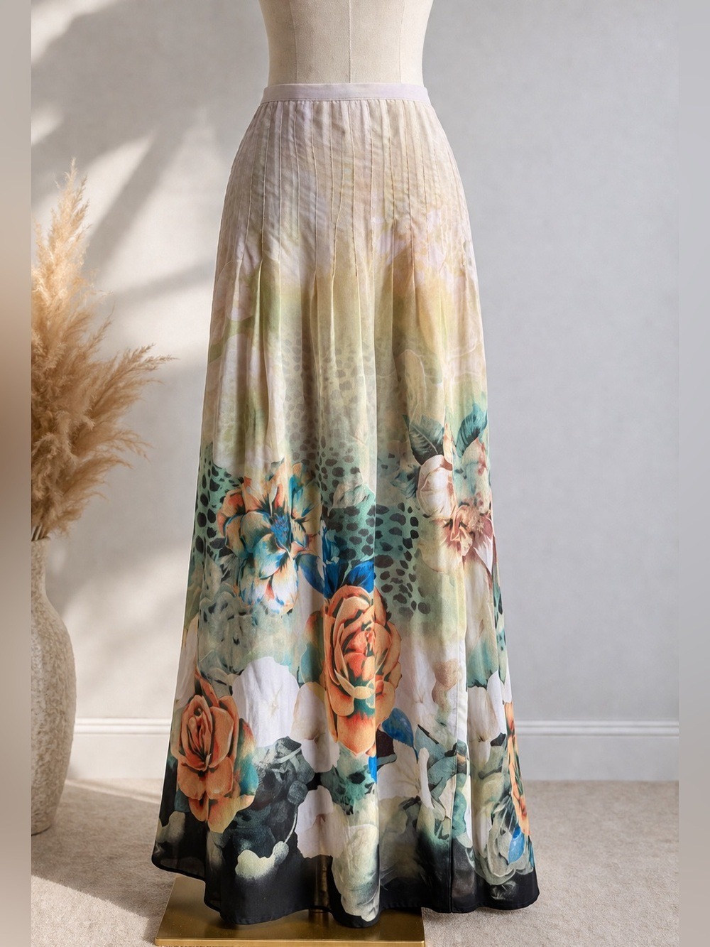 Artsy Floral Maxi Skirt Sz 8 Sheer Overlay Lined Boho Romantic Beachy Feminine